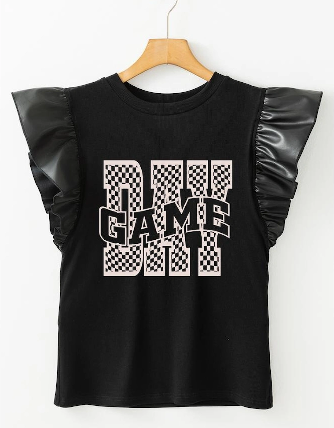 Black GAME DAY Checkered Letter Graphic Leatherette Ruffle Sleeve Top