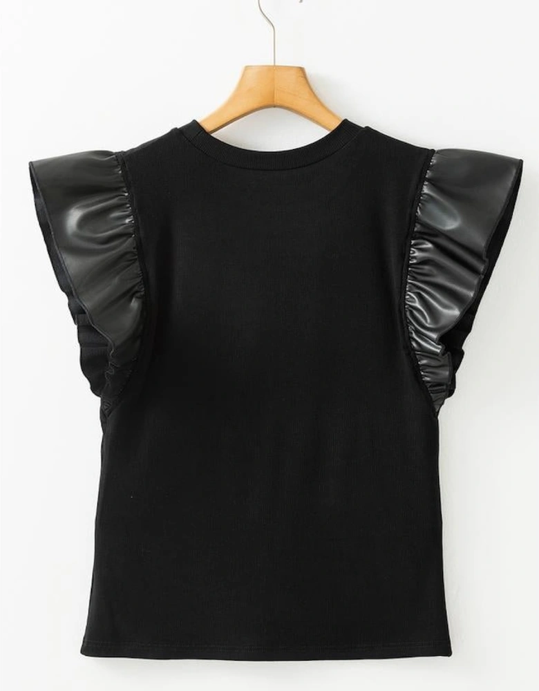 Black Leather Ruffle Sleeve Patchwork Round Neck Blouse