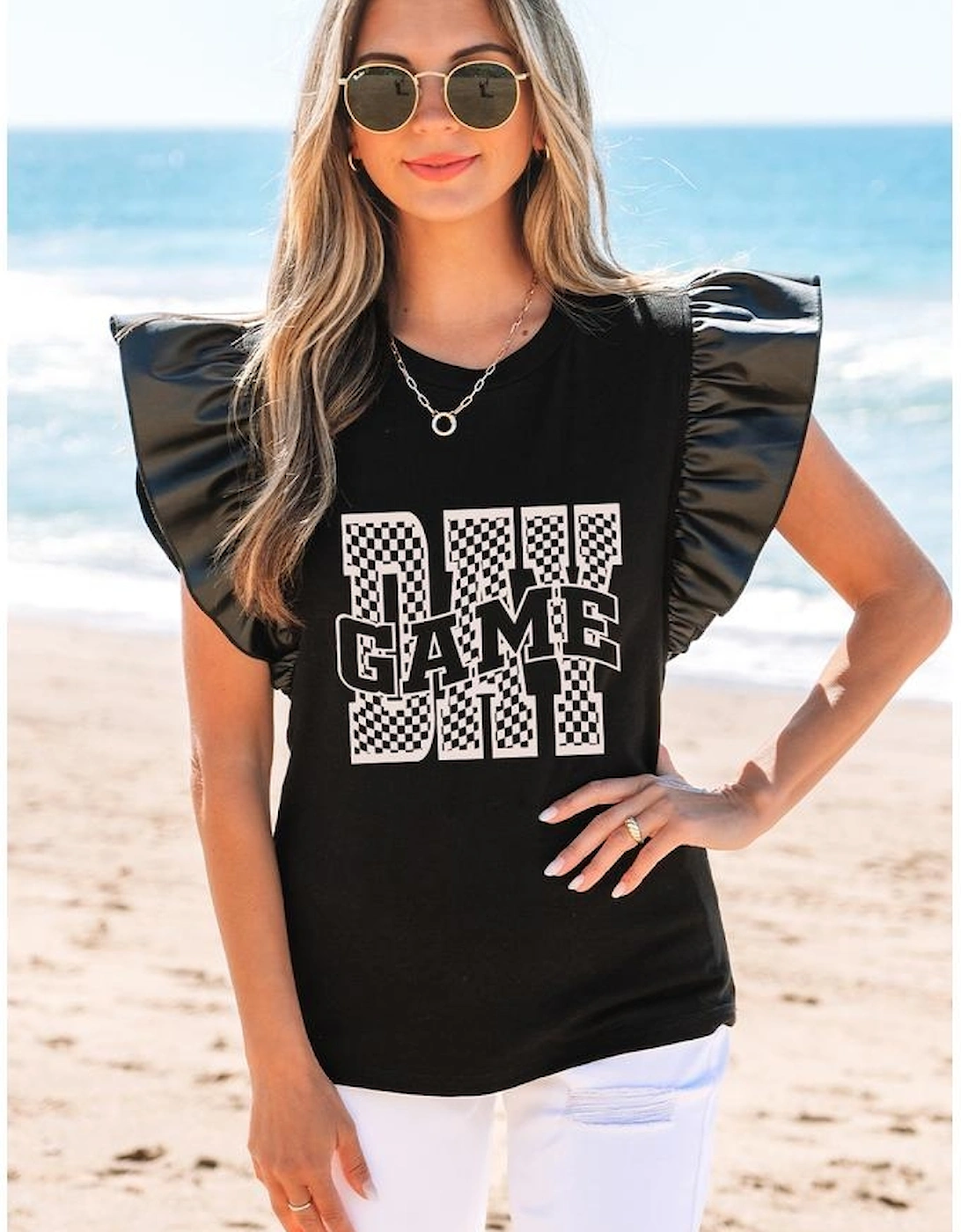 Black GAME DAY Checkered Letter Graphic Leatherette Ruffle Sleeve Top