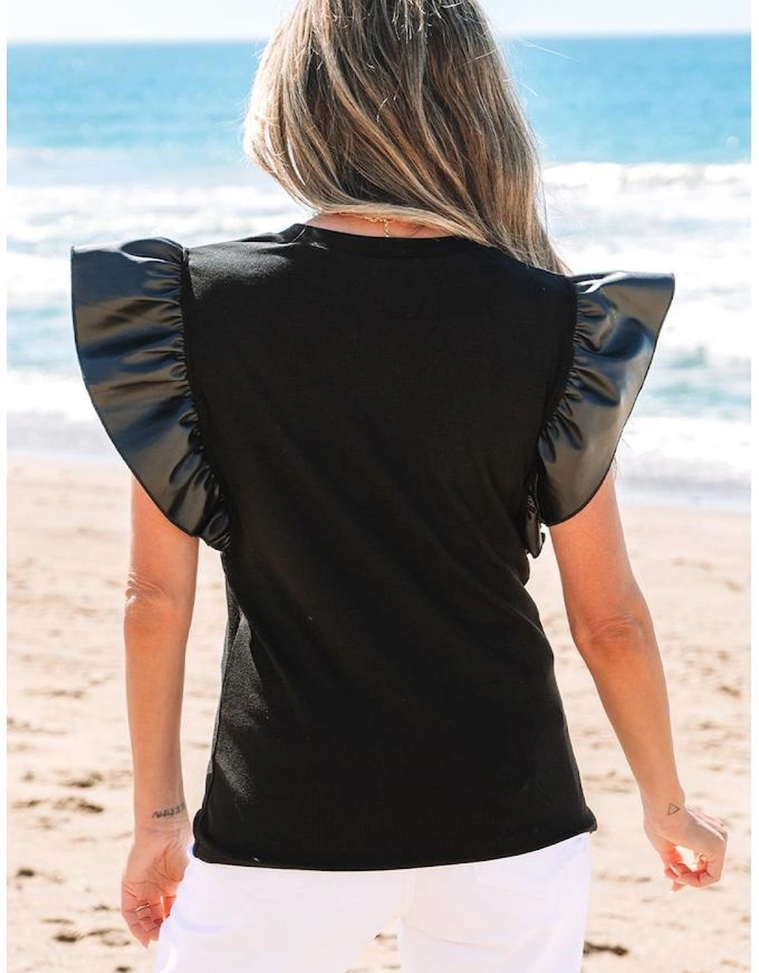 Black GAME DAY Checkered Letter Graphic Leatherette Ruffle Sleeve Top