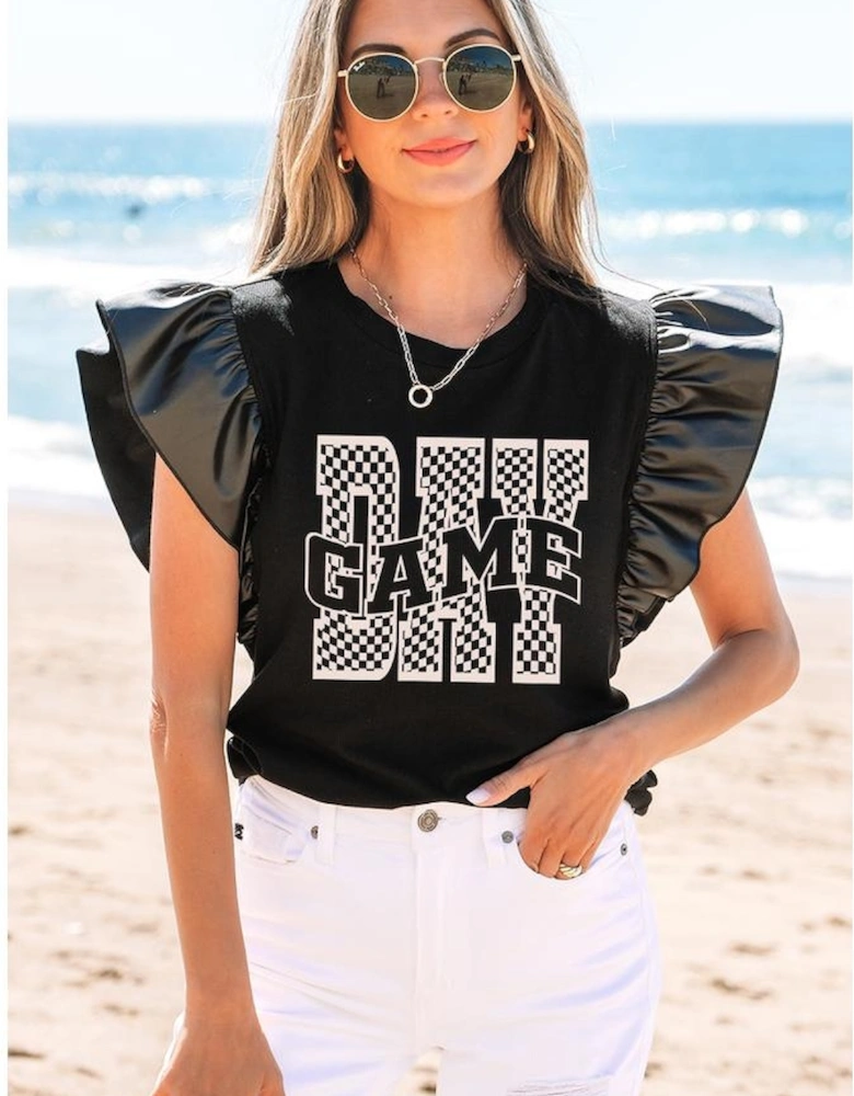 Black GAME DAY Checkered Letter Graphic Leatherette Ruffle Sleeve Top