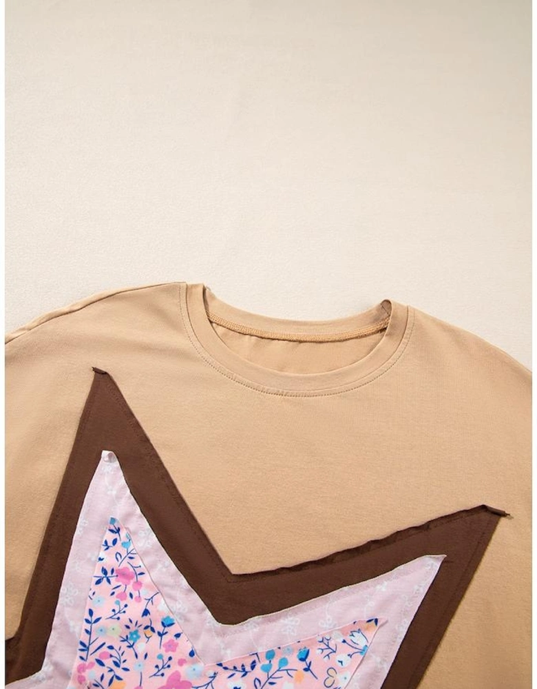 Camel Floral Star Patchwork 3/4 Long Sleeve Top