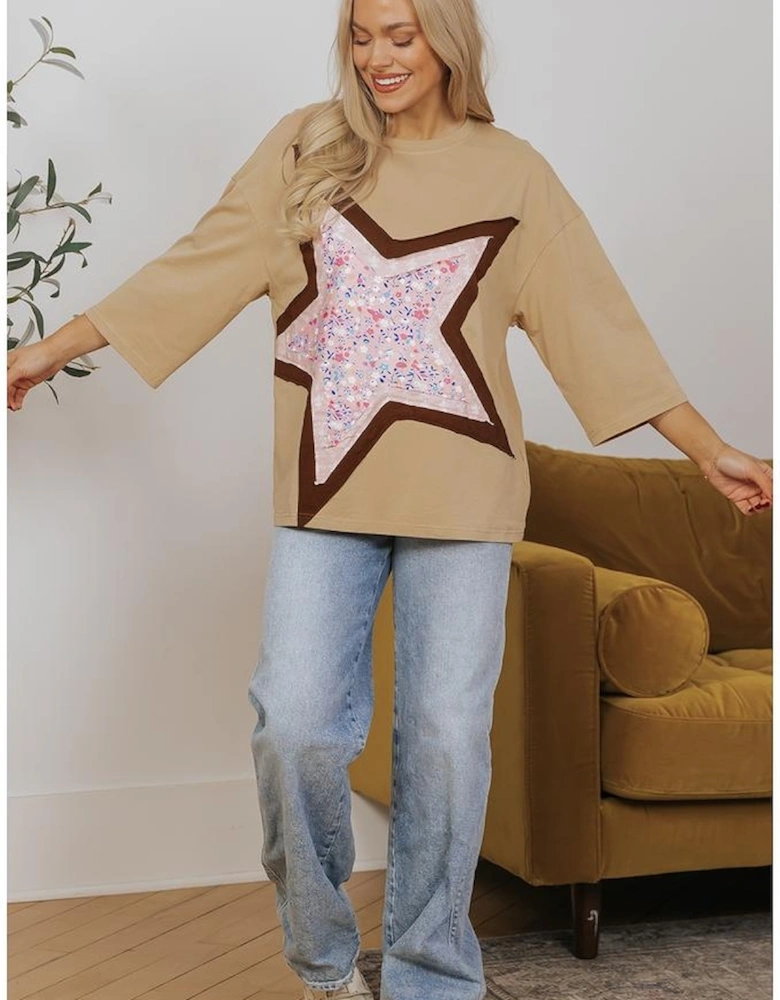 Camel Floral Star Patchwork 3/4 Long Sleeve Top