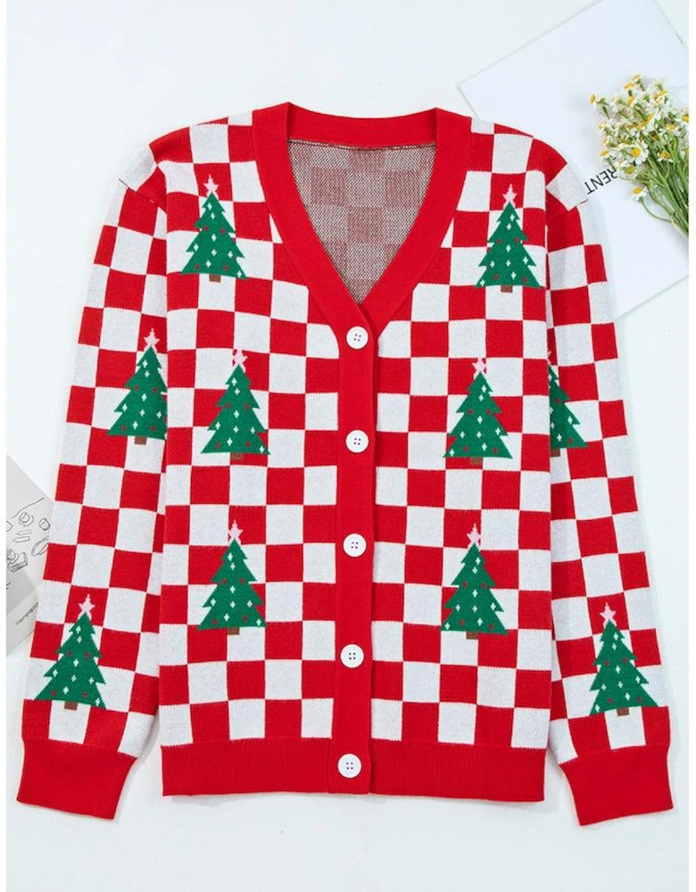 Red Checkered Christmas Tree Pattern Button V Neck Cardigan Sweater