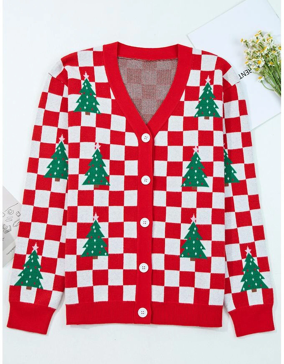 Red Checkered Christmas Tree Pattern Button V Neck Cardigan Sweater