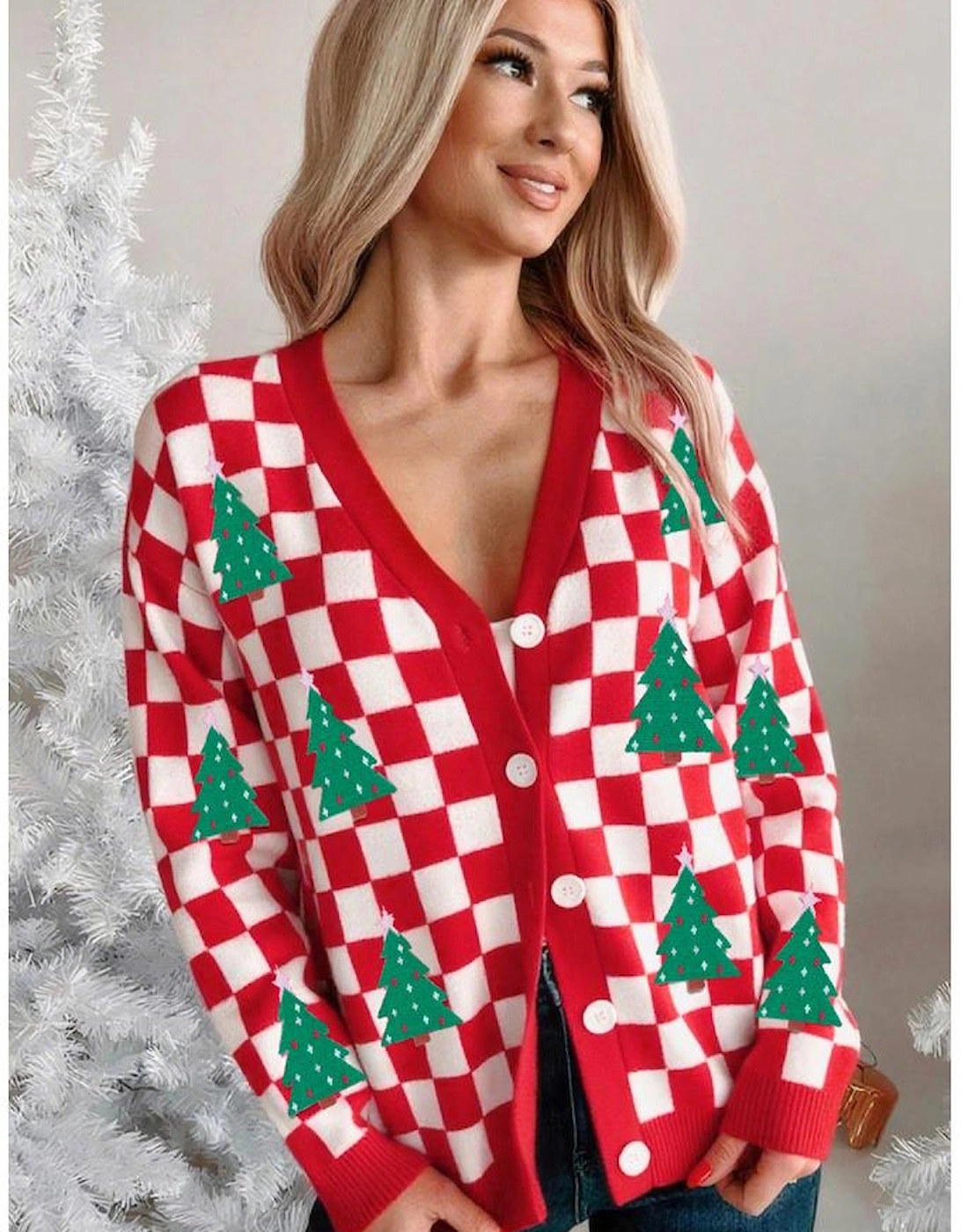 Red Checkered Christmas Tree Pattern Button V Neck Cardigan Sweater, 11 of 10