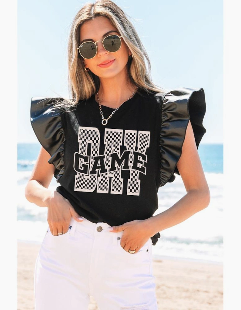 Black GAME DAY Checkered Letter Graphic Leatherette Ruffle Sleeve Top