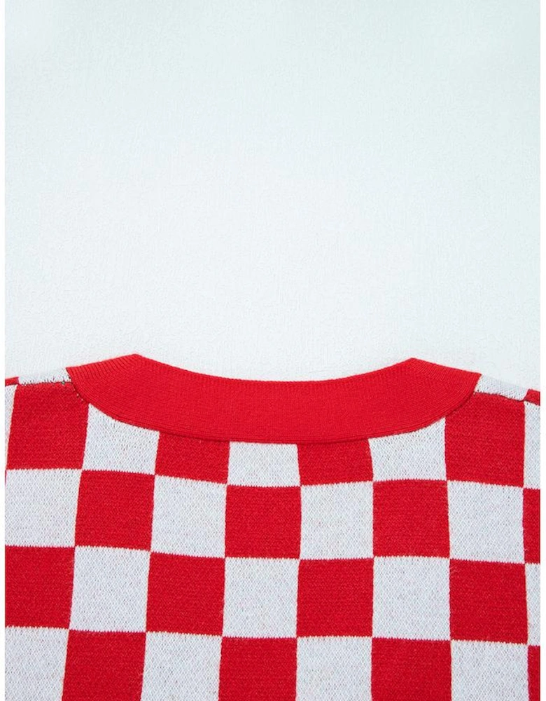 Red Checkered Christmas Tree Pattern Button V Neck Cardigan Sweater