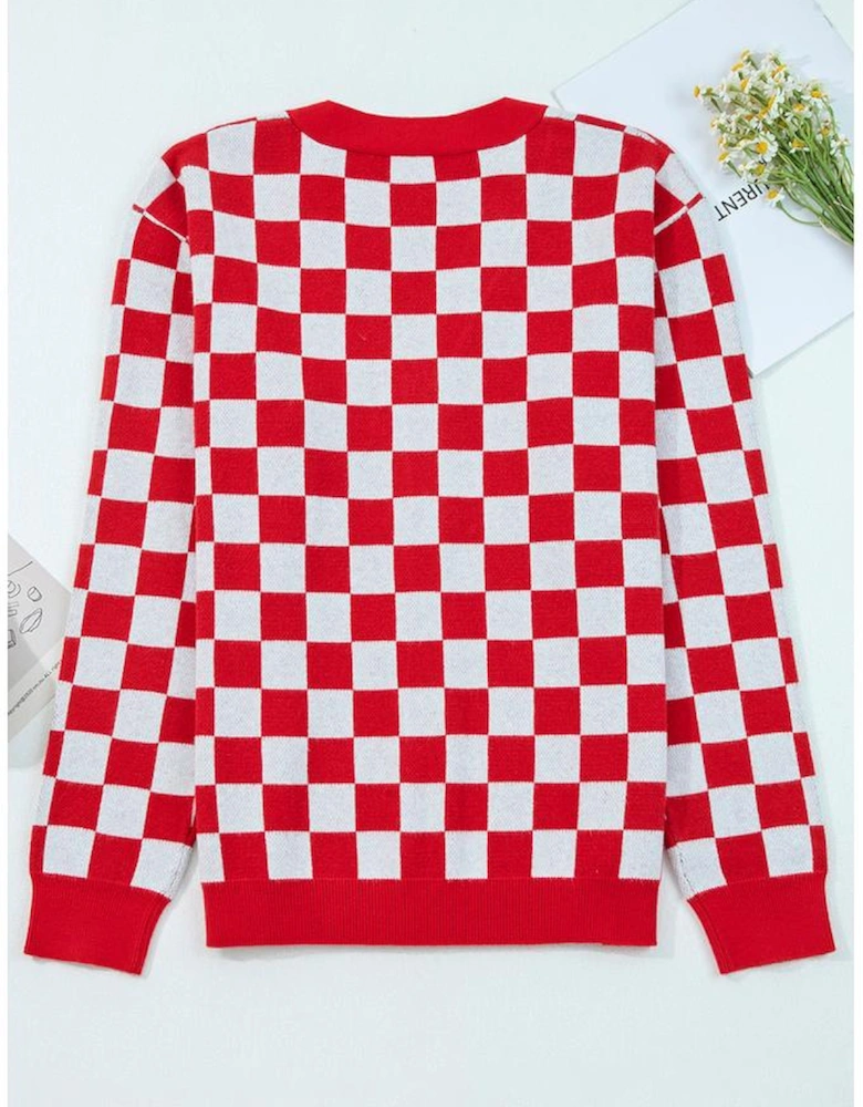 Red Checkered Christmas Tree Pattern Button V Neck Cardigan Sweater