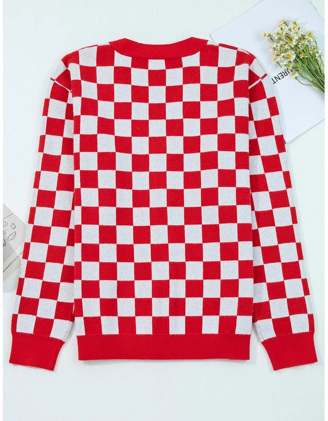 Red Checkered Christmas Tree Pattern Button V Neck Cardigan Sweater