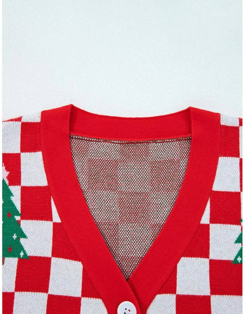 Red Checkered Christmas Tree Pattern Button V Neck Cardigan Sweater