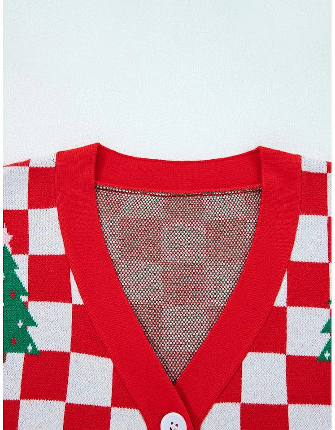 Red Checkered Christmas Tree Pattern Button V Neck Cardigan Sweater