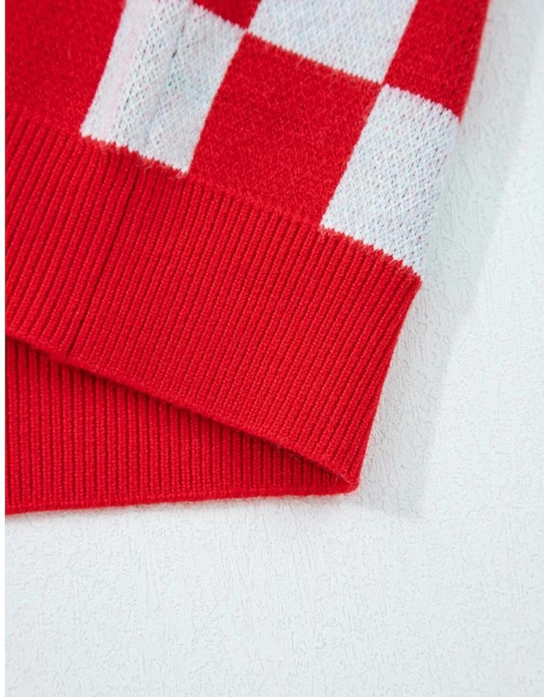 Red Checkered Christmas Tree Pattern Button V Neck Cardigan Sweater