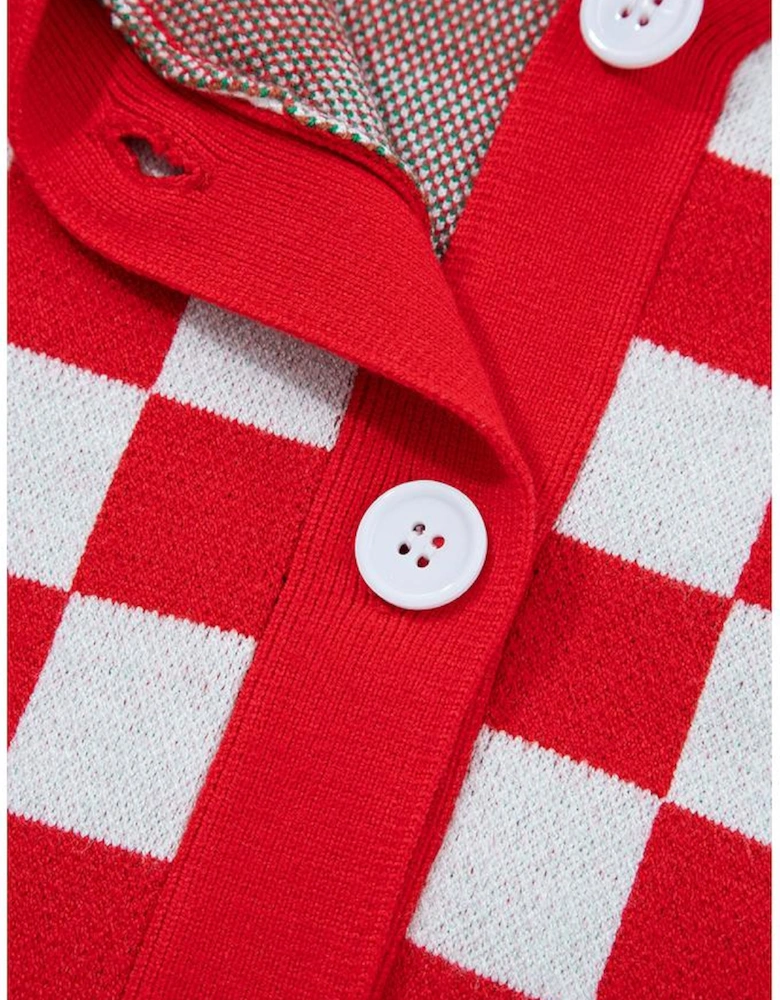 Red Checkered Christmas Tree Pattern Button V Neck Cardigan Sweater