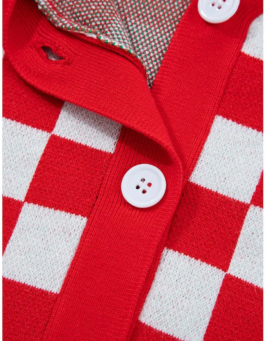 Red Checkered Christmas Tree Pattern Button V Neck Cardigan Sweater