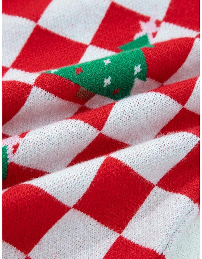 Red Checkered Christmas Tree Pattern Button V Neck Cardigan Sweater