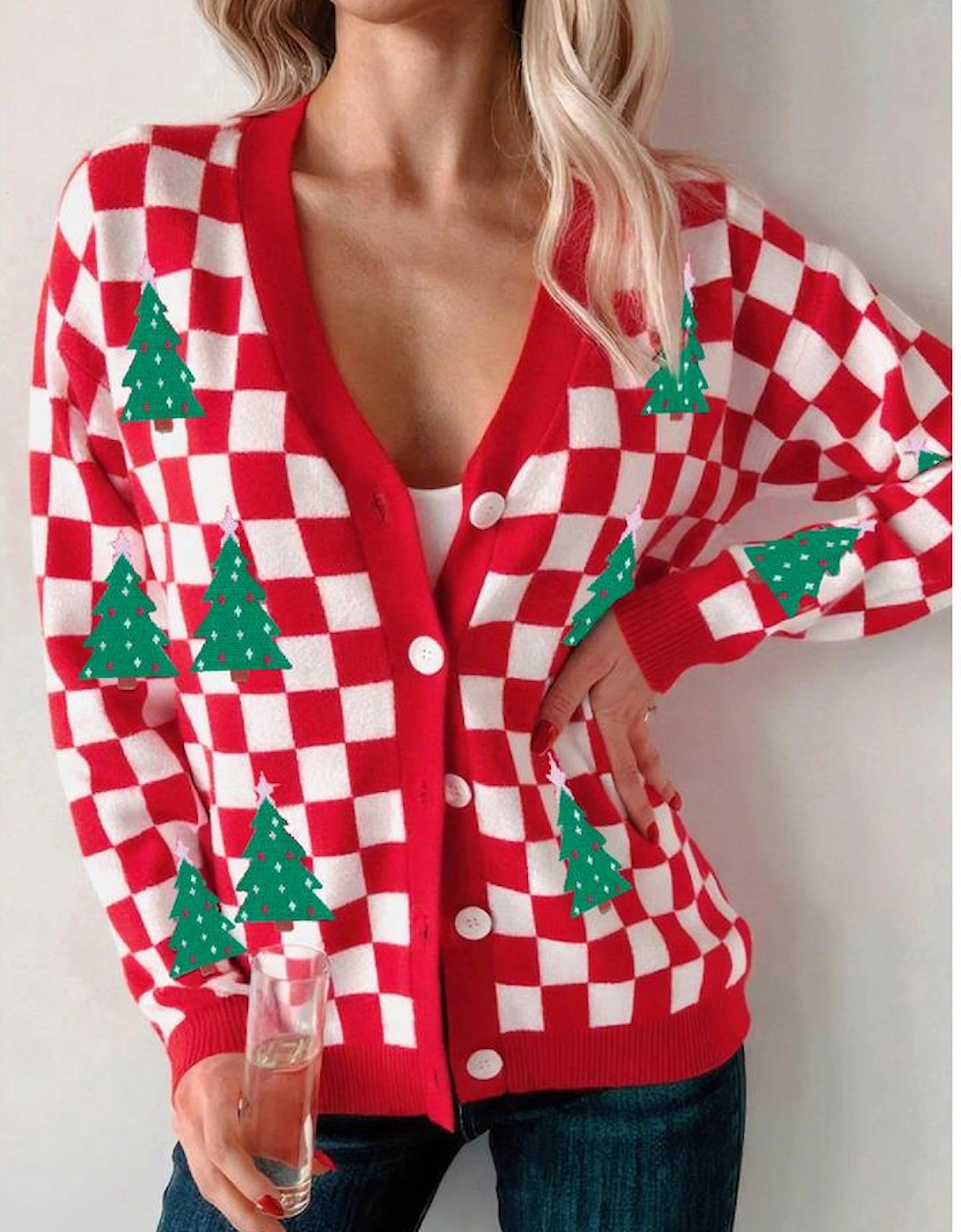Red Checkered Christmas Tree Pattern Button V Neck Cardigan Sweater