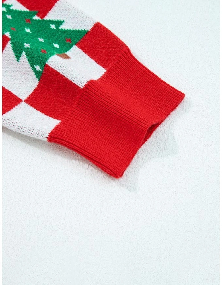 Red Checkered Christmas Tree Pattern Button V Neck Cardigan Sweater