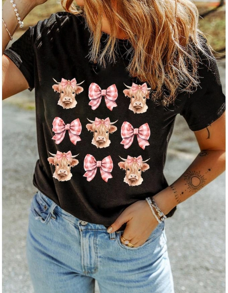 Black Cow with Bow Graphic Crewneck Western Tee