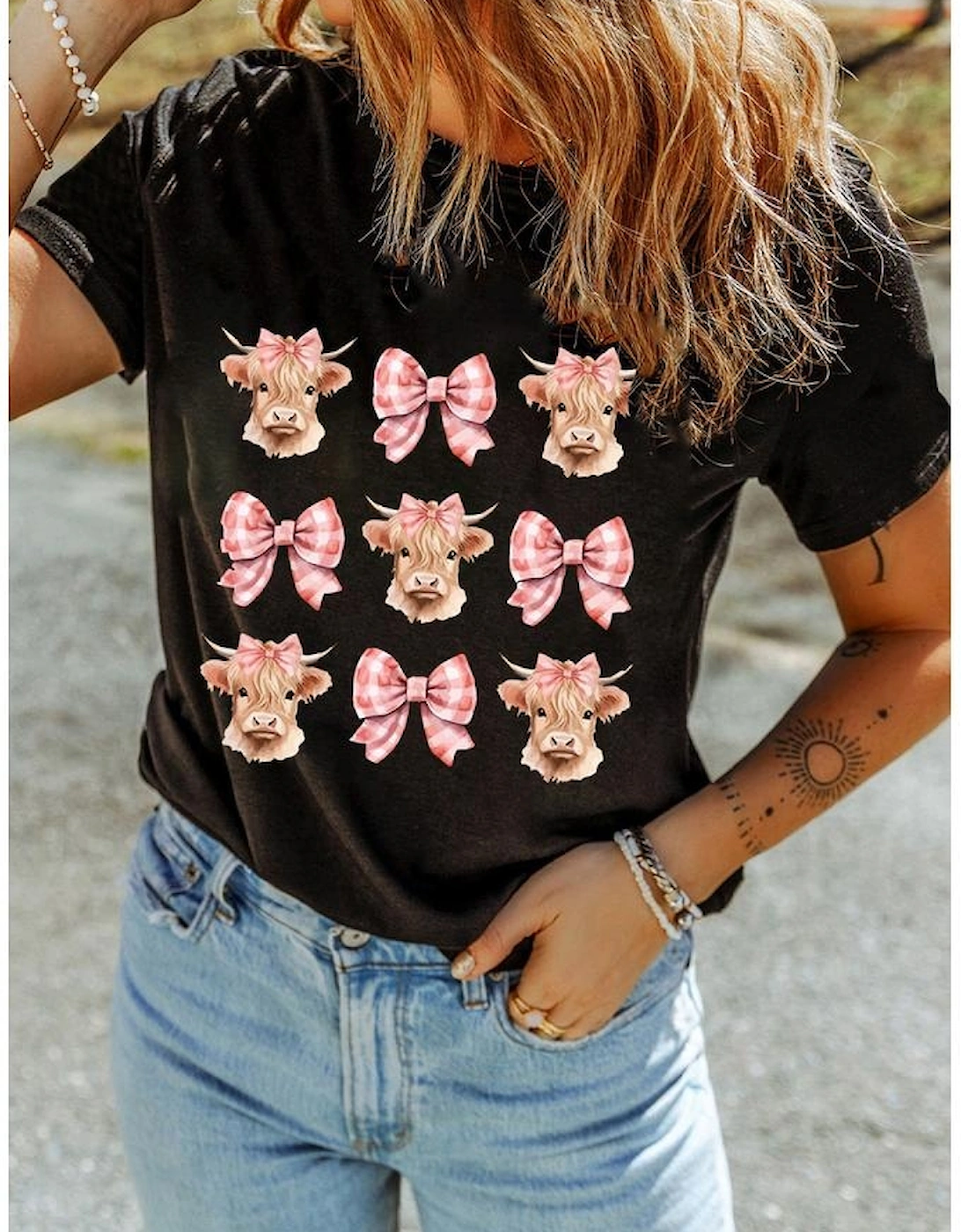 Black Cow with Bow Graphic Crewneck Western Tee