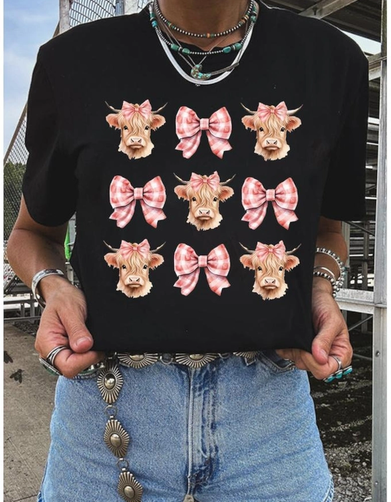 Black Cow with Bow Graphic Crewneck Western Tee