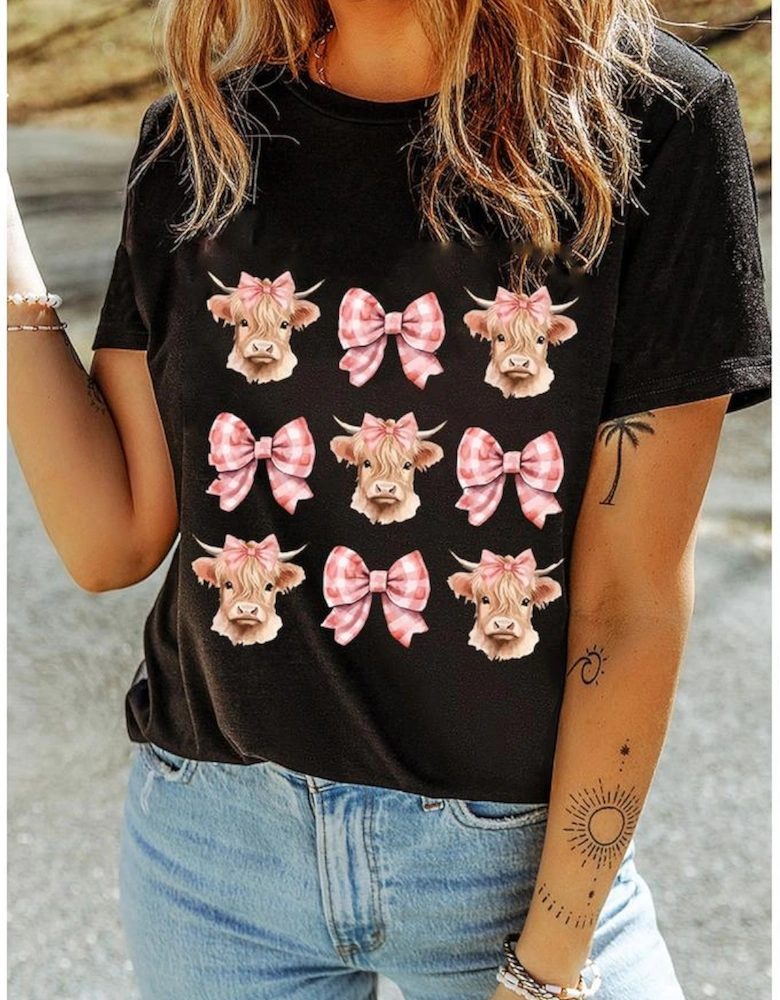 Black Cow with Bow Graphic Crewneck Western Tee