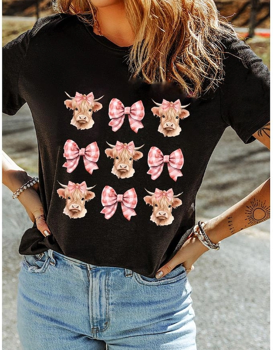 Black Cow with Bow Graphic Crewneck Western Tee
