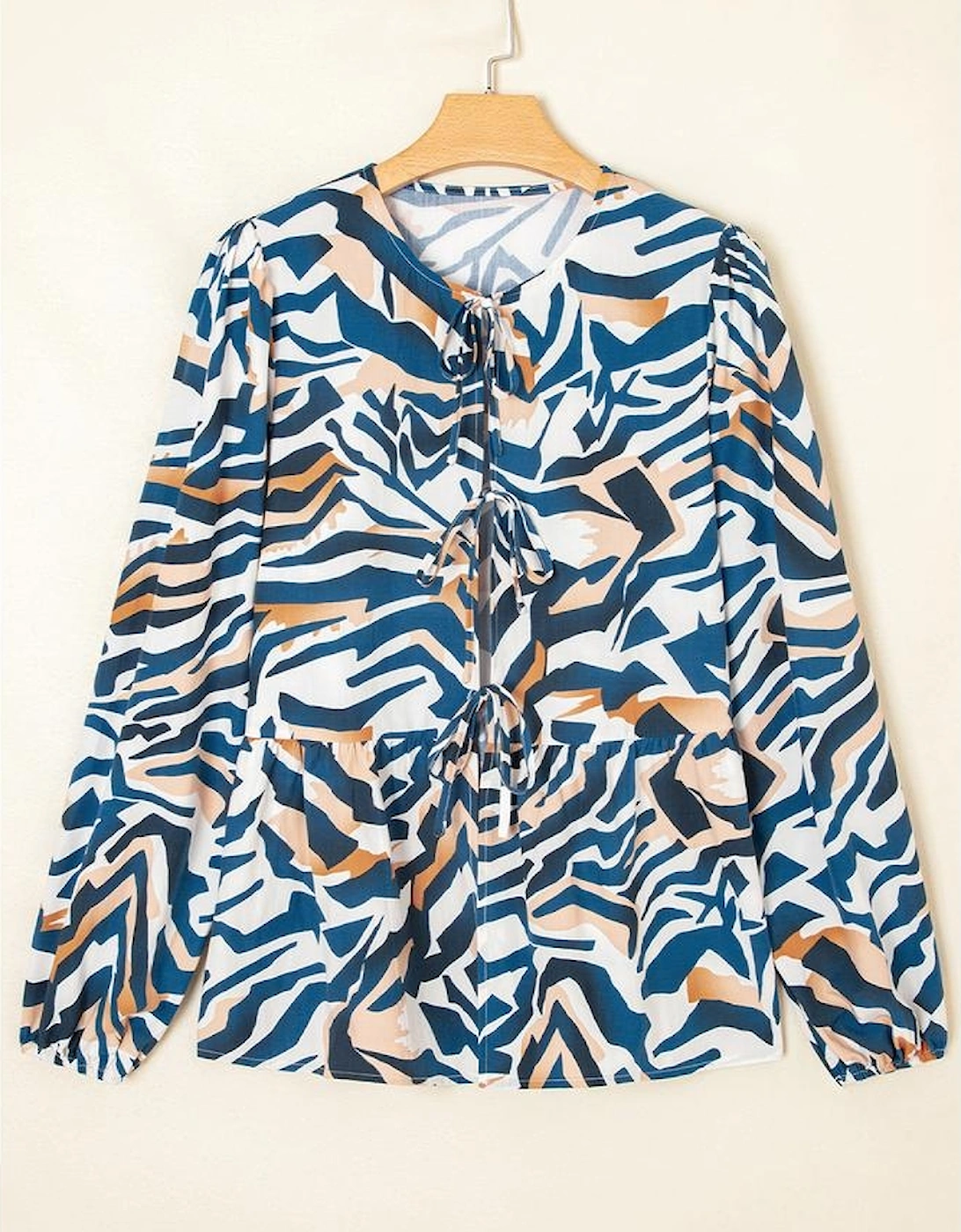 Blue Zebra Print Tied Front Puff Sleeve Top