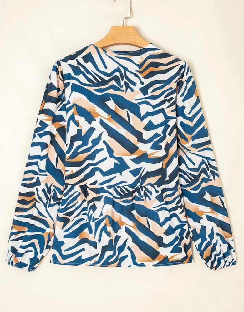Blue Zebra Print Tied Front Puff Sleeve Top
