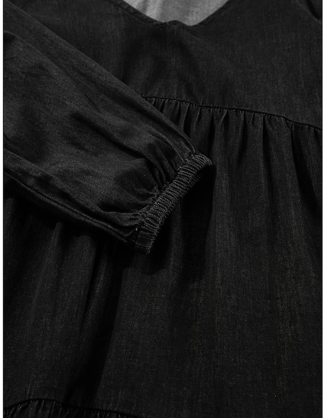 Black Puff Sleeve V Neck Tiered Ruffled Chambray Mini Dress