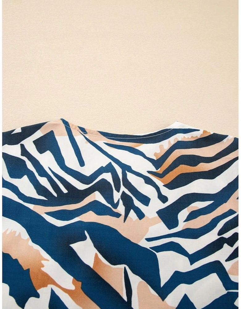 Blue Zebra Print Tied Front Puff Sleeve Top