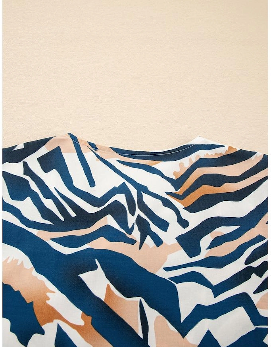 Blue Zebra Print Tied Front Puff Sleeve Top