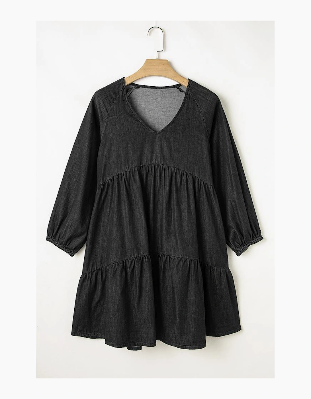 Black Puff Sleeve V Neck Tiered Ruffled Chambray Mini Dress