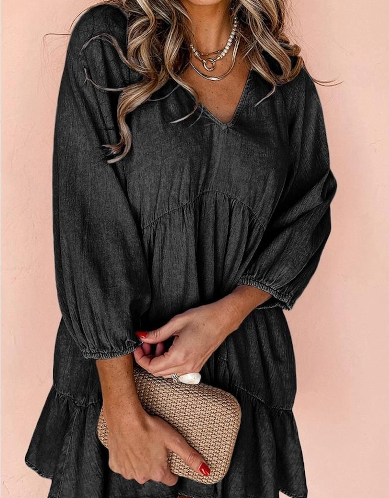 Black Puff Sleeve V Neck Tiered Ruffled Chambray Mini Dress