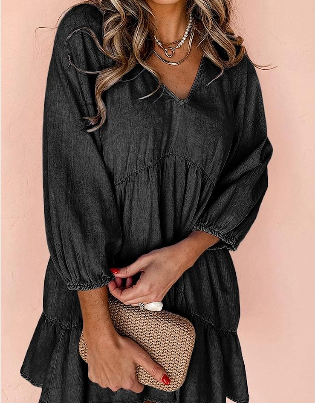 Black Puff Sleeve V Neck Tiered Ruffled Chambray Mini Dress
