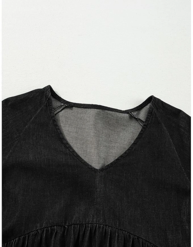 Black Puff Sleeve V Neck Tiered Ruffled Chambray Mini Dress