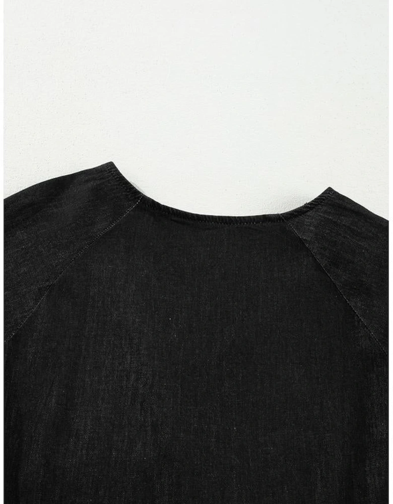 Black Puff Sleeve V Neck Tiered Ruffled Chambray Mini Dress