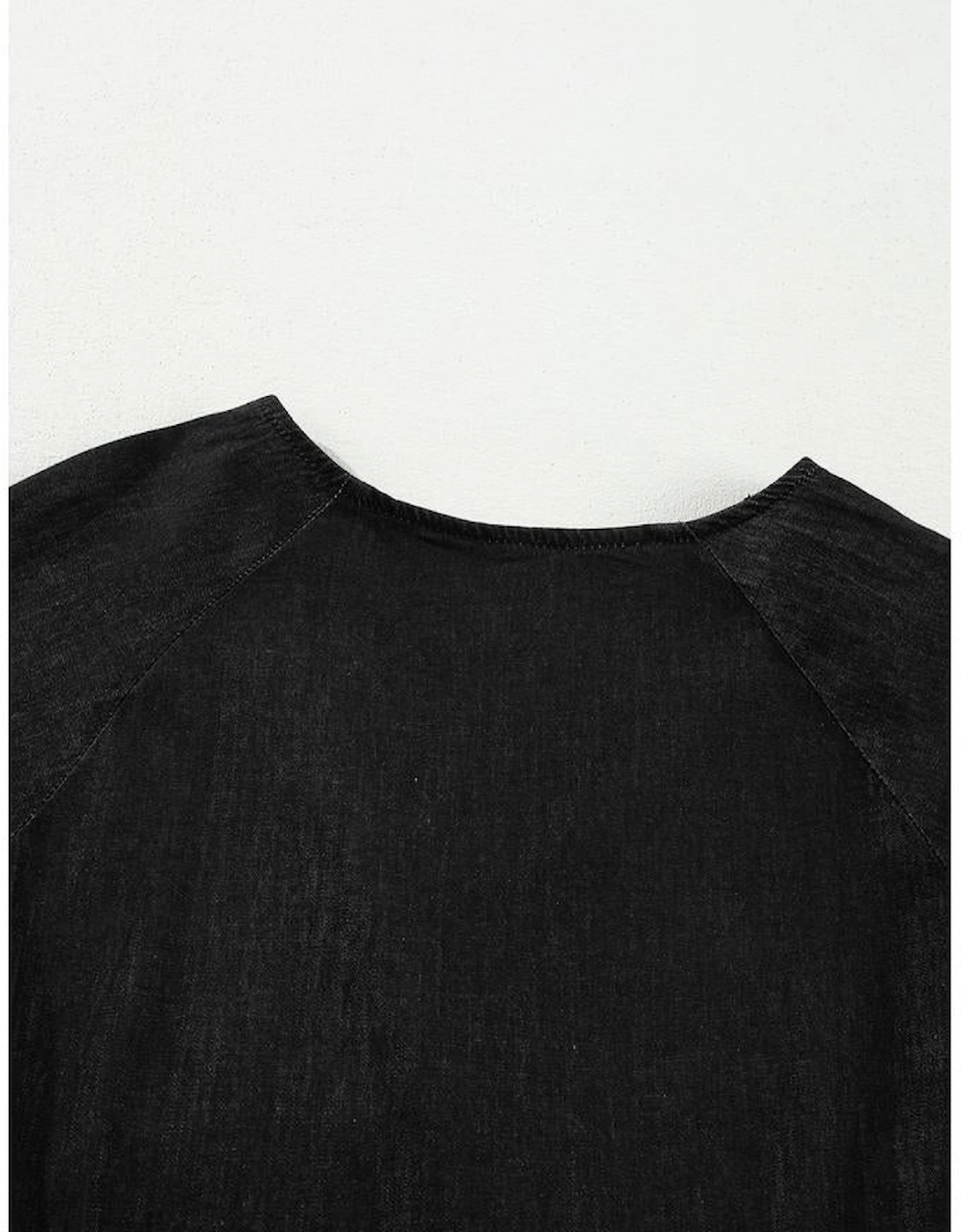 Black Puff Sleeve V Neck Tiered Ruffled Chambray Mini Dress