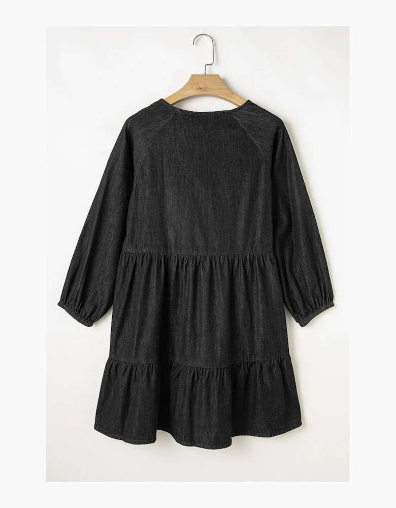 Black Puff Sleeve V Neck Tiered Ruffled Chambray Mini Dress