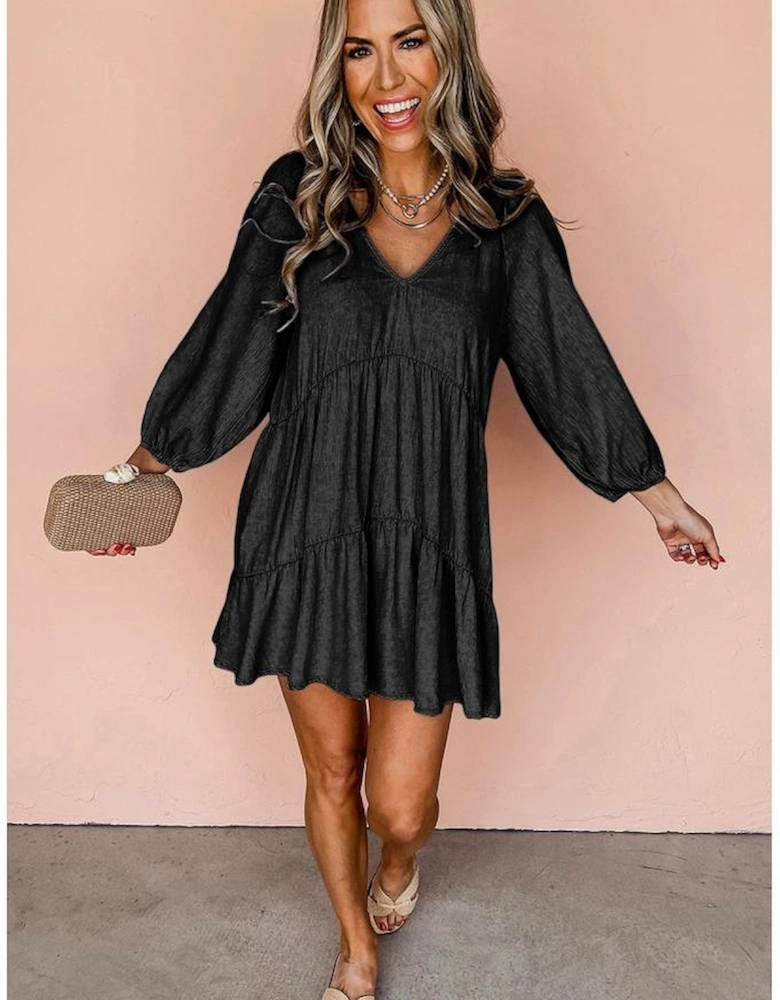 Black Puff Sleeve V Neck Tiered Ruffled Chambray Mini Dress
