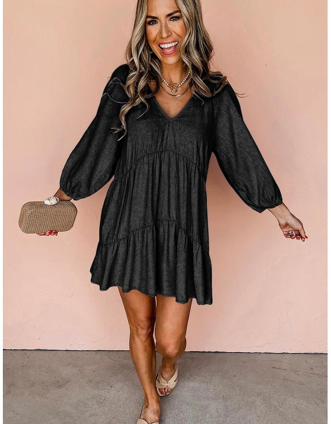 Black Puff Sleeve V Neck Tiered Ruffled Chambray Mini Dress, 12 of 11