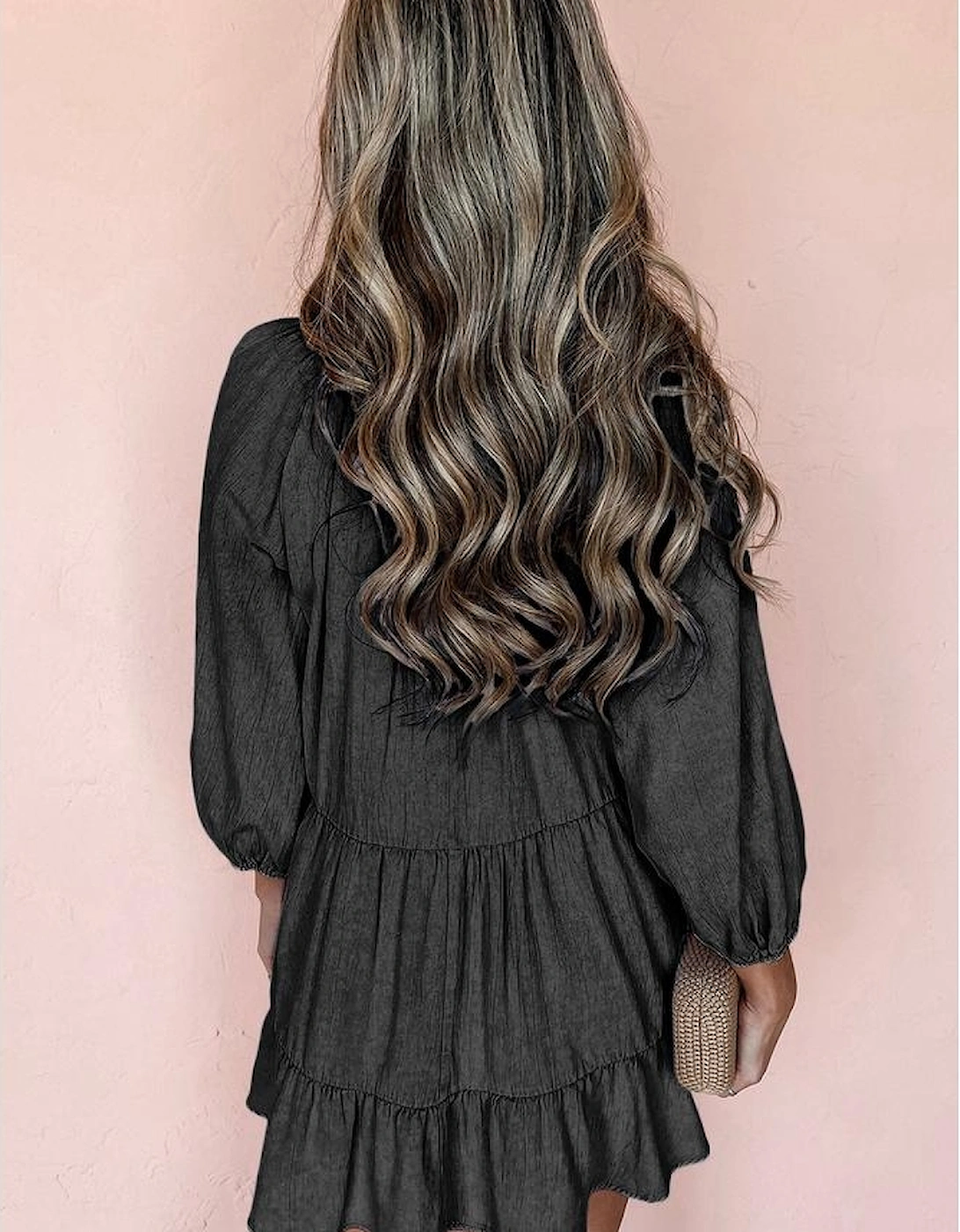 Black Puff Sleeve V Neck Tiered Ruffled Chambray Mini Dress