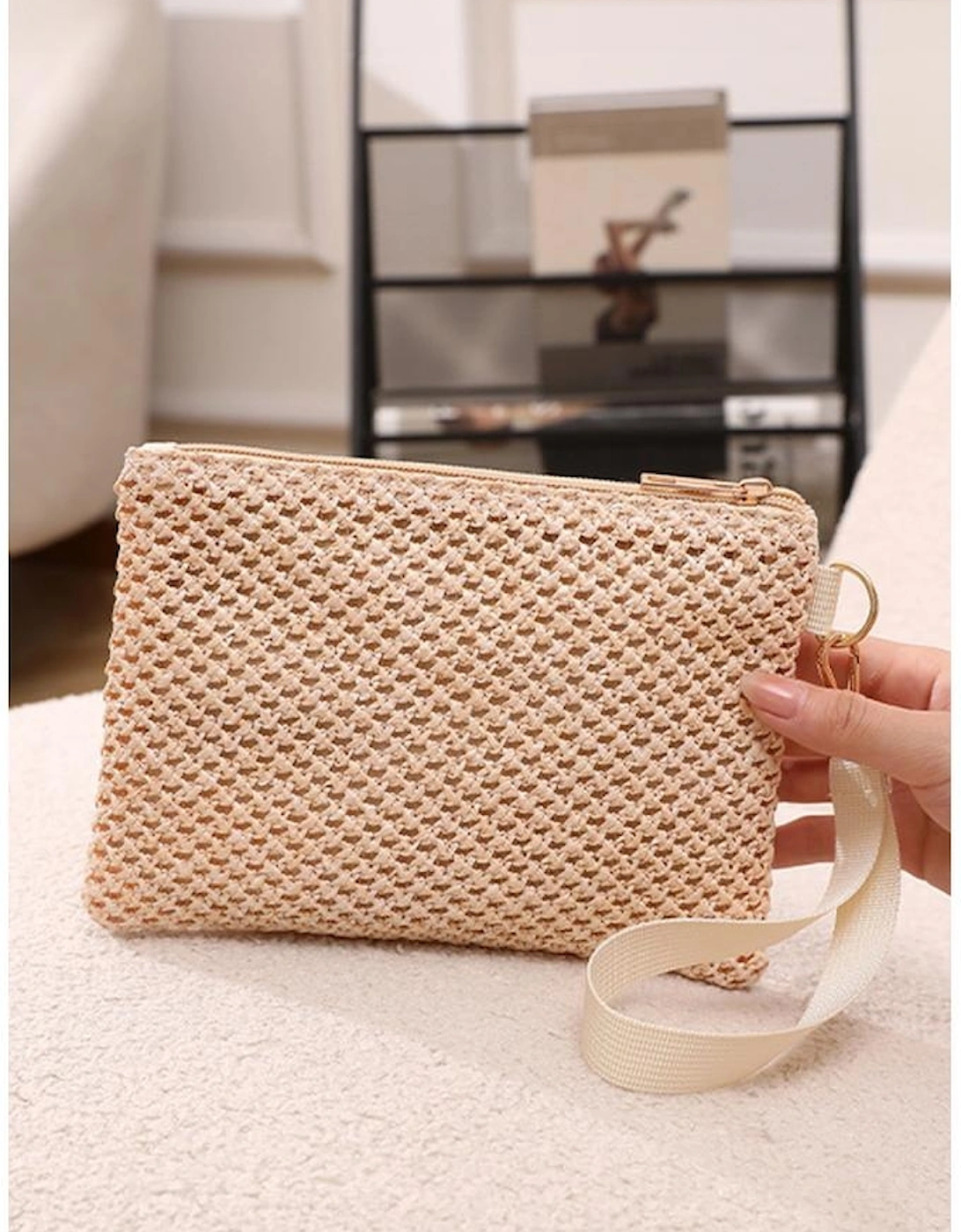 Azura Exchange Beige Woven Zipper Wrist Strap Square Handbag