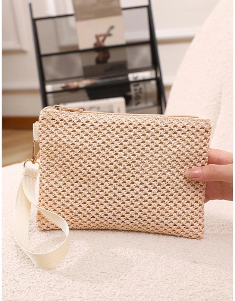 Azura Exchange Beige Woven Zipper Wrist Strap Square Handbag