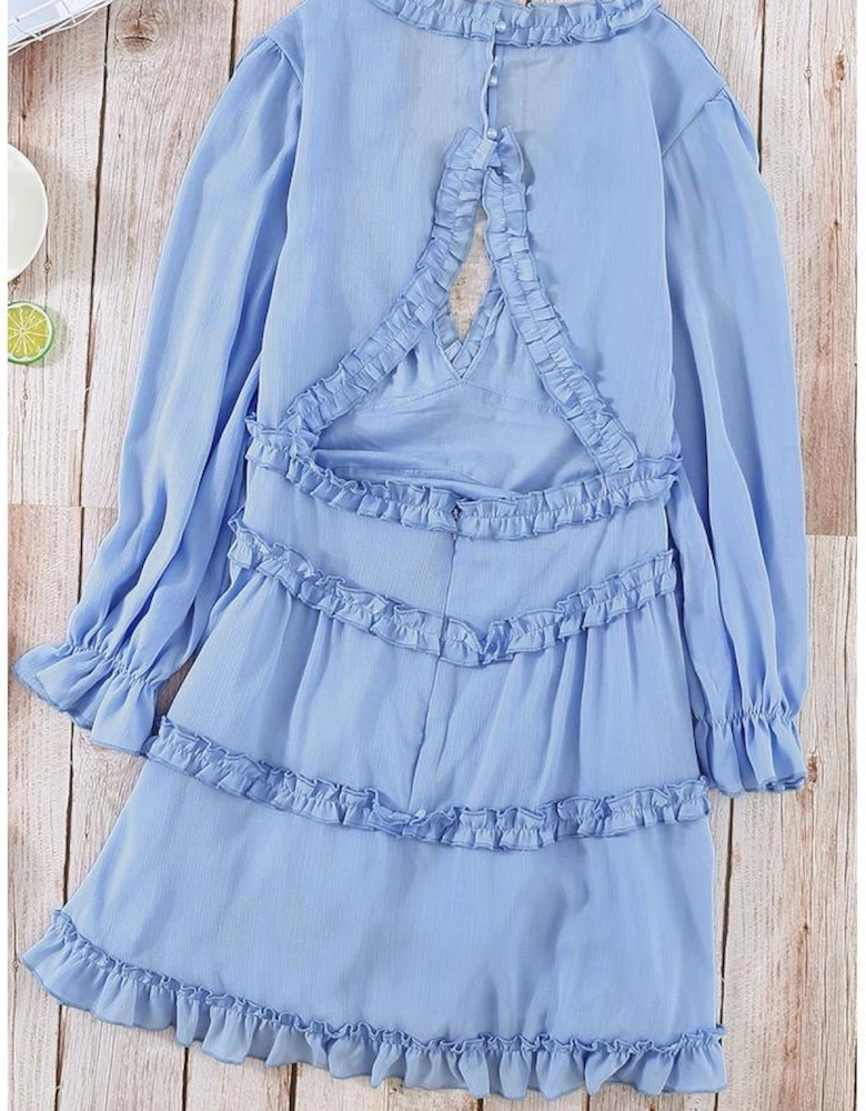 Sky Blue V Neck Ruffle Detailing Open Back Dress