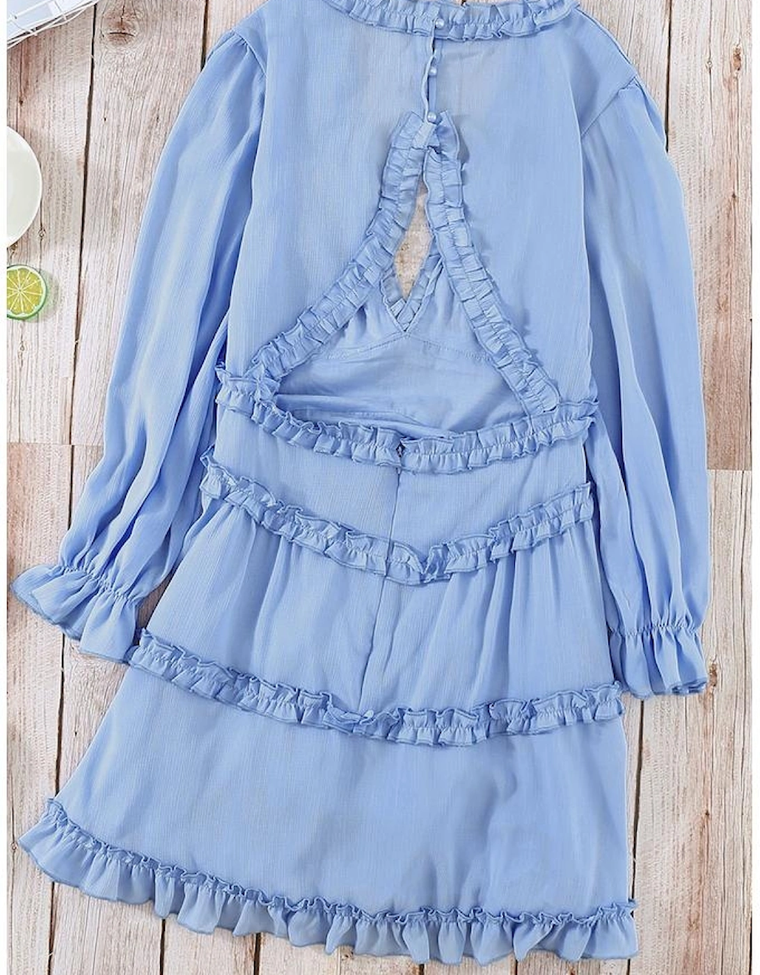 Sky Blue V Neck Ruffle Detailing Open Back Dress