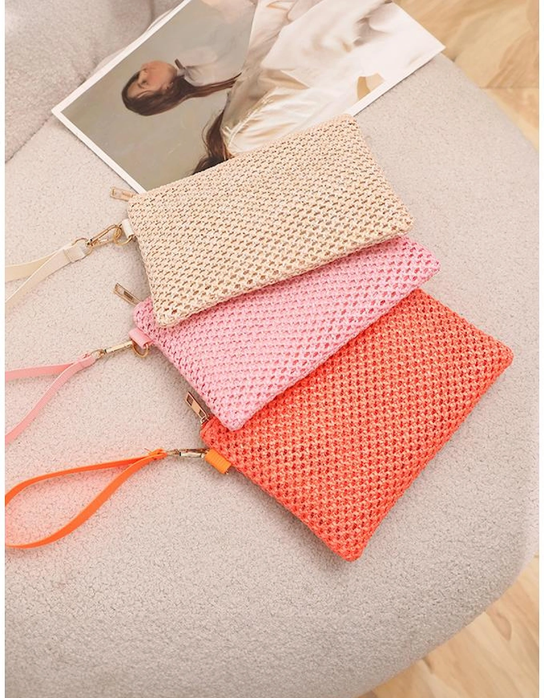 Azura Exchange Beige Woven Zipper Wrist Strap Square Handbag