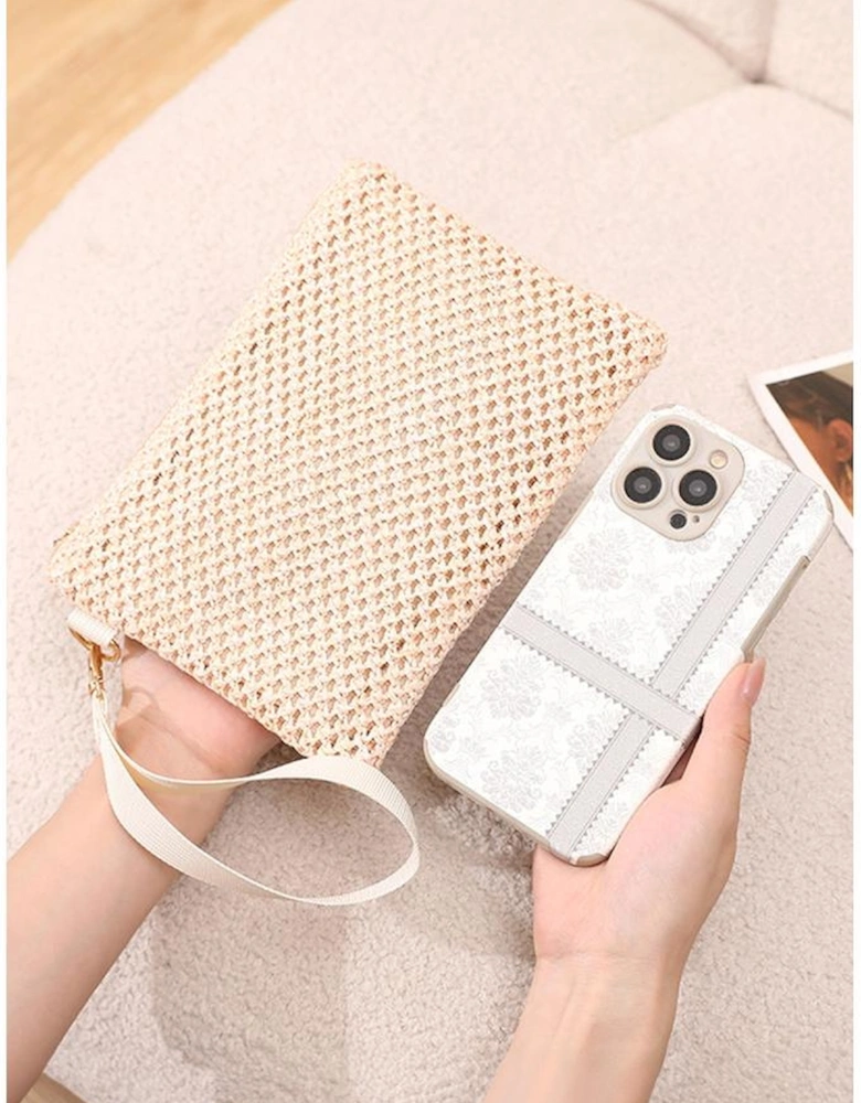 Azura Exchange Beige Woven Zipper Wrist Strap Square Handbag