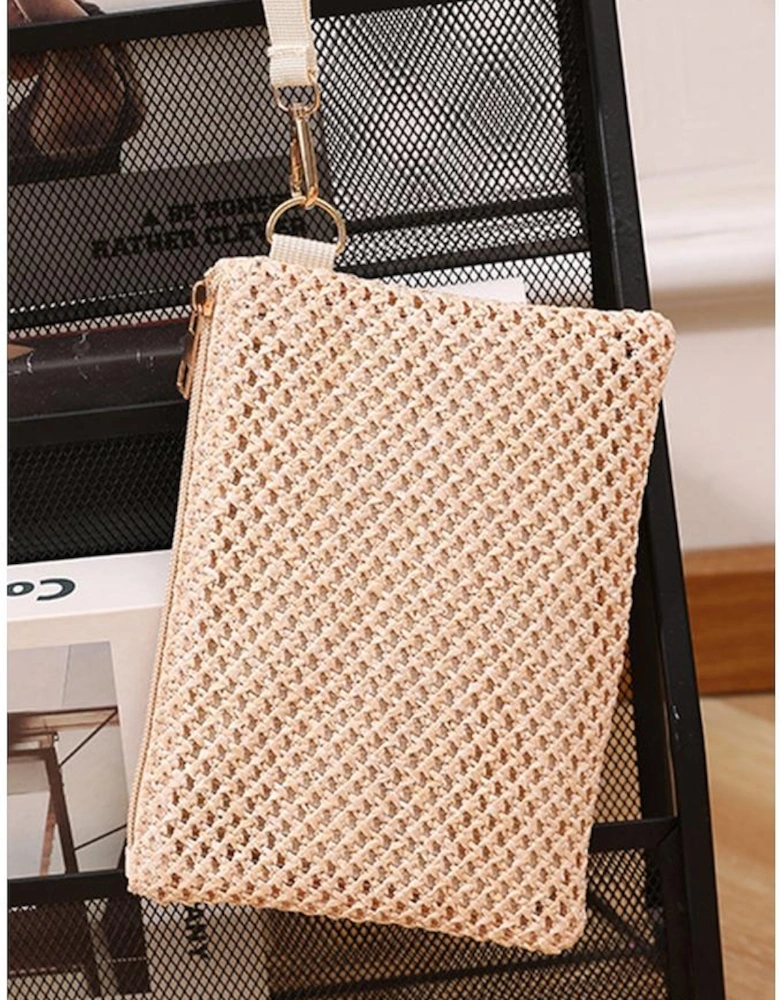 Azura Exchange Beige Woven Zipper Wrist Strap Square Handbag