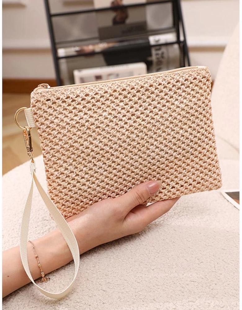 Azura Exchange Beige Woven Zipper Wrist Strap Square Handbag